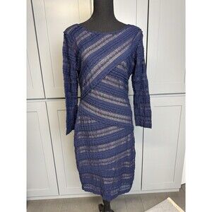 MAX STUDIO Sheath Dress XL Navy Blue Lace Ivory‎ Lining 3/4 Sleeve Stretch Work